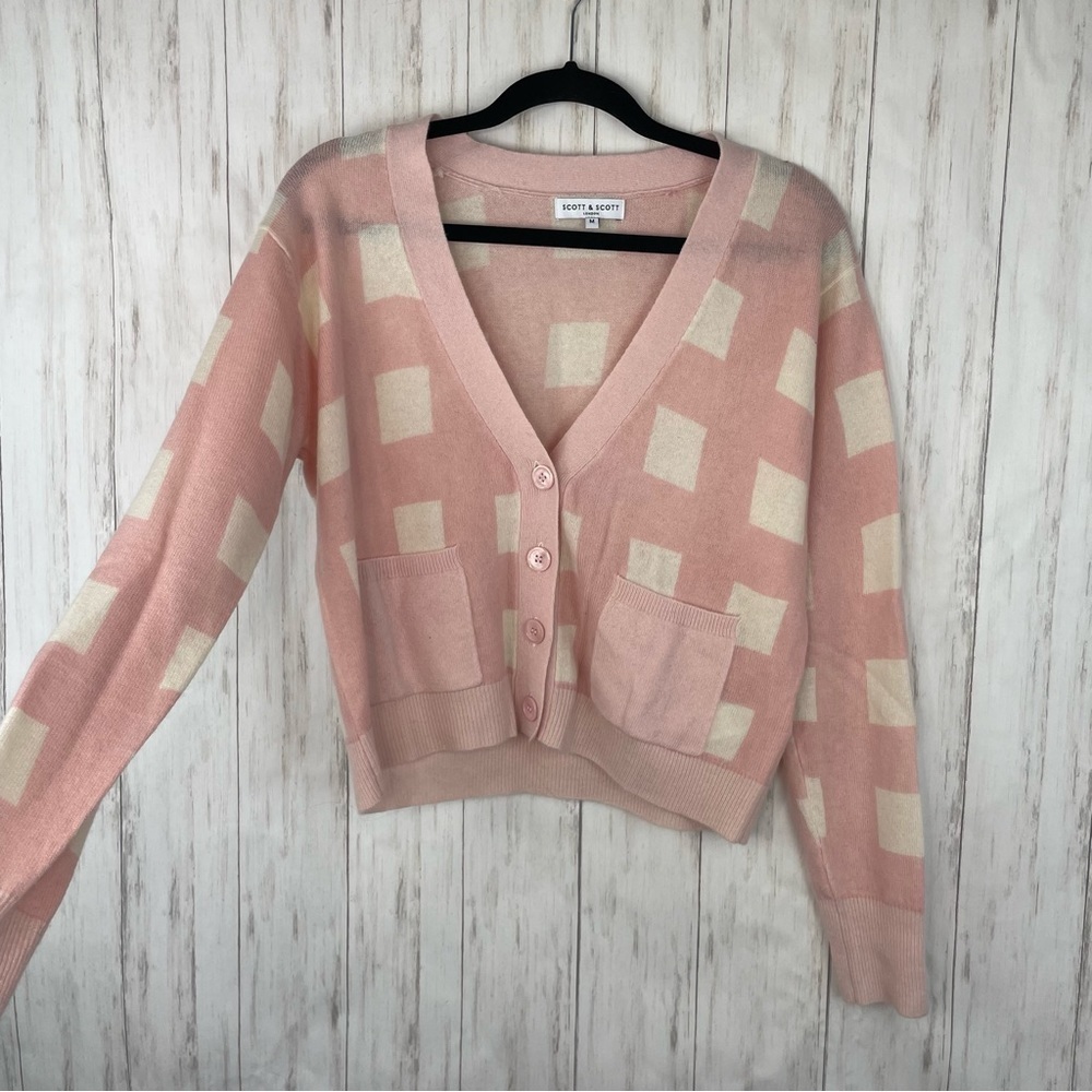 Scott & Scott London 100% cashmere pink and white checkered sweater medium